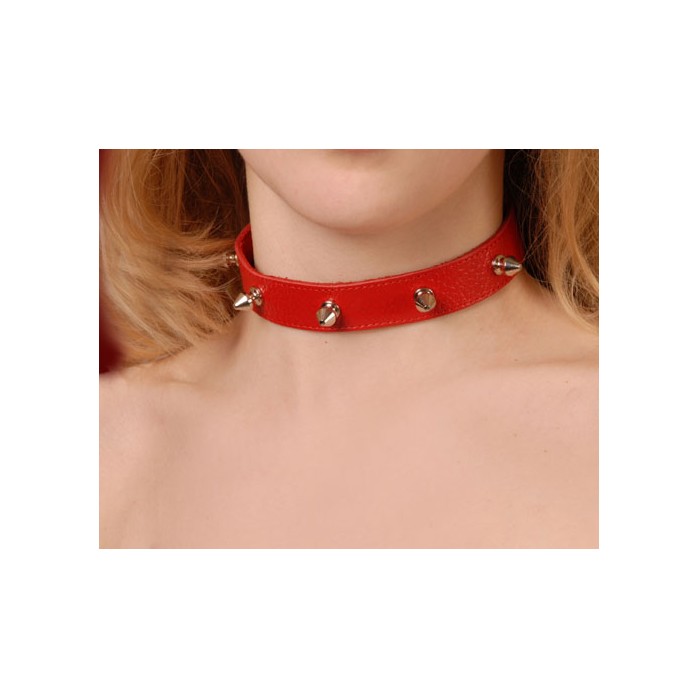Кожаный красный ошейник на кнопках с шипами - BDSM accessories