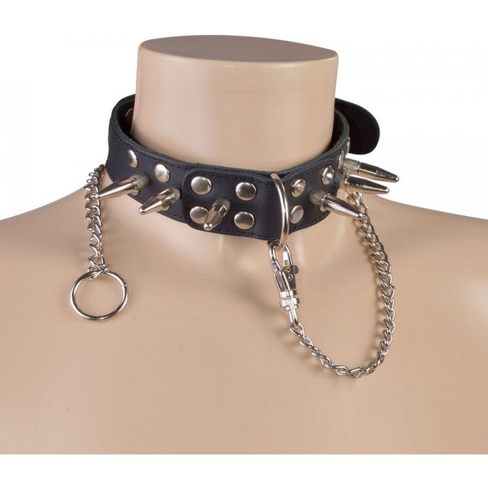 Чёрный кожаный ошейник с шипами и велюровой подкладкой - BDSM accessories. Фотография 3.