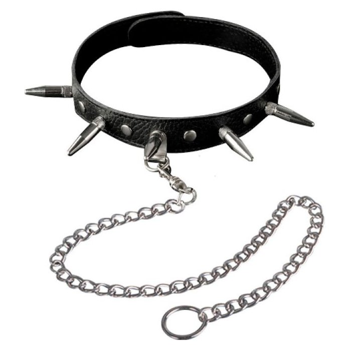 Чёрный кожаный ошейник с шипами и цепочкой - BDSM accessories. Фотография 3.