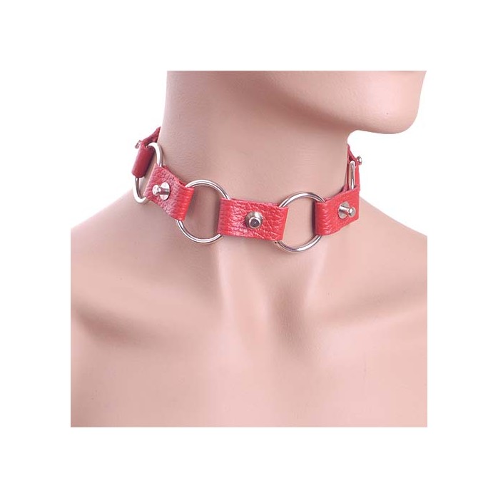 Красный ошейник из кожи с кольцами - BDSM accessories