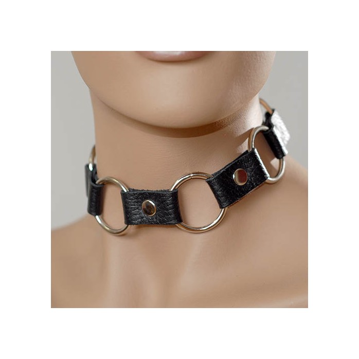 Кожаный черный ошейник с кольцами - BDSM accessories