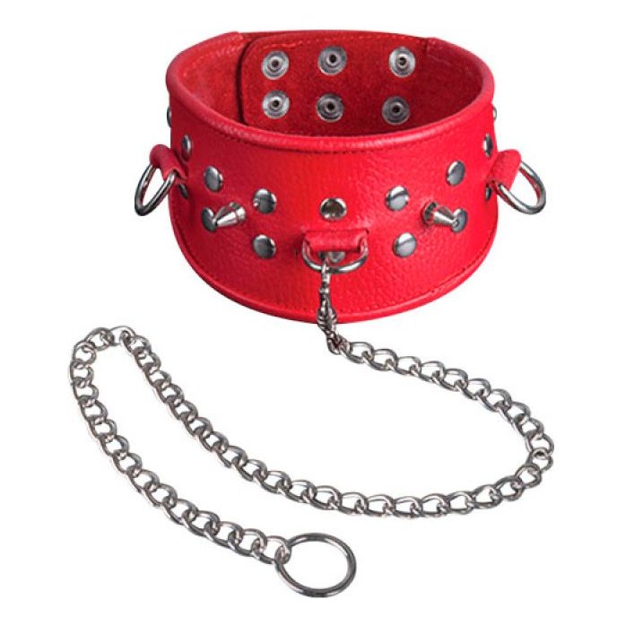 Красный кожаный ошейник с клёпками и шипами - BDSM accessories. Фотография 2.