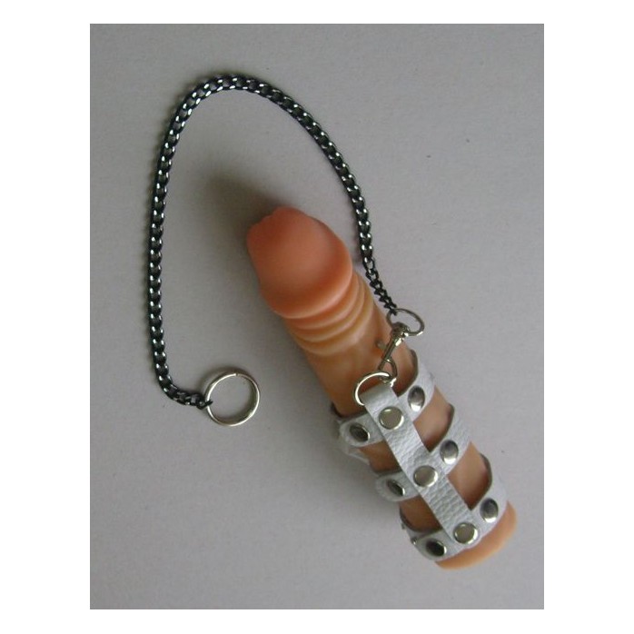 Белый кожаный поводок на пенис на кнопках - BDSM accessories