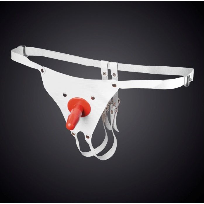 Кожаные белые универсальные трусики со штырьком для насадок - BDSM accessories