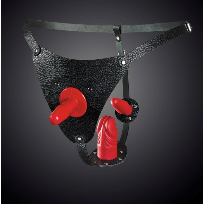 Кожаные черные трусики со штырьком для насадок - BDSM accessories