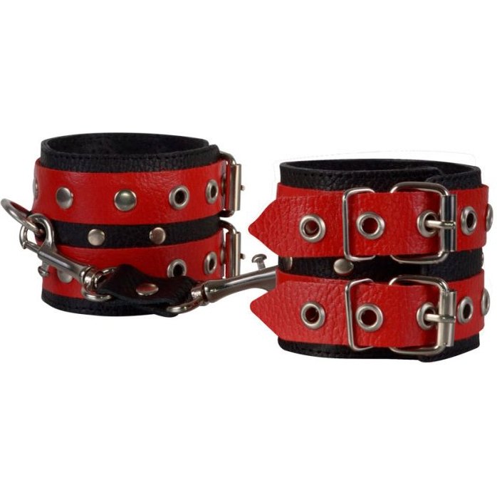 Красно-чёрные наручники из кожи - BDSM accessories. Фотография 3.