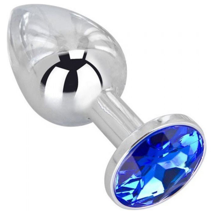 Стальная анальная пробка с синим кристаллом - 7 см
