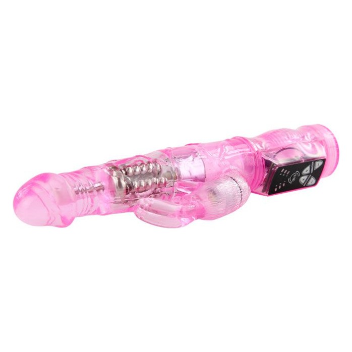 Розовый вибратор-ротатор Jelly vibrator with pearls - 21,5 см. Фотография 2.