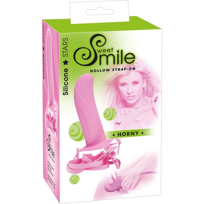 Полый розовый страпон Horny на регулируемых ремешках - 16 см - Smile. Фотография 3.