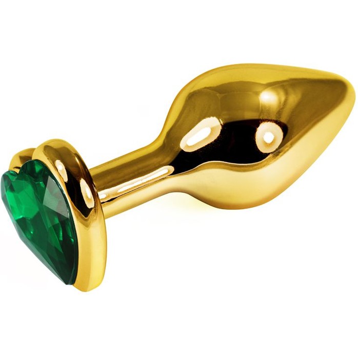 Золотистая анальная пробка с изумрудным кристаллом-сердечком - 7,6 см