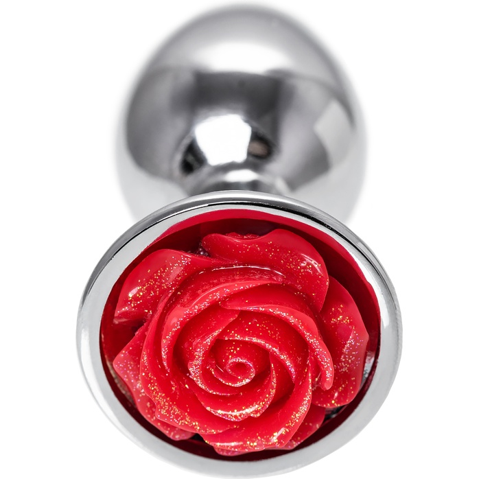 Серебристая анальная втулка с красной розочкой - 8 см - Metal. Фотография 5.