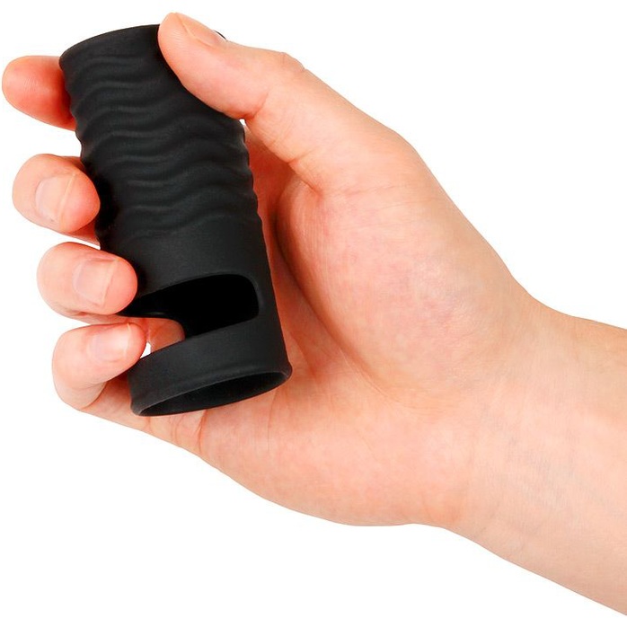 Черная открытая насадка на пенис с кольцом для мошонки L-size - 8,5 см - SEX EXPERT PREMIUM. Фотография 3.