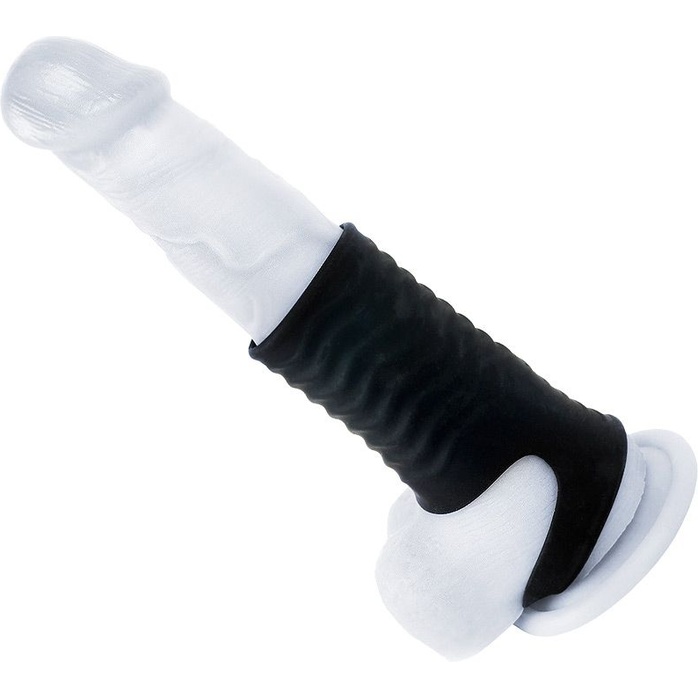 Черная открытая насадка на пенис с кольцом для мошонки L-size - 8,5 см - SEX EXPERT PREMIUM. Фотография 5.