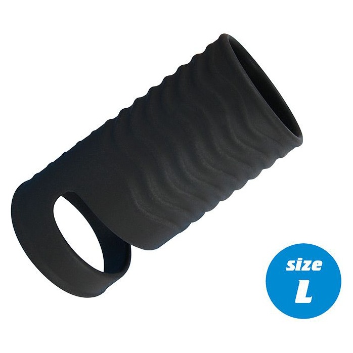 Черная открытая насадка на пенис с кольцом для мошонки L-size - 8,5 см - SEX EXPERT PREMIUM