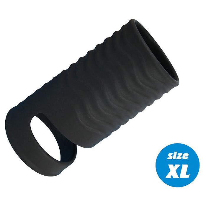 Черная открытая насадка на пенис с кольцом для мошонки XL-size - 8,9 см - SEX EXPERT PREMIUM