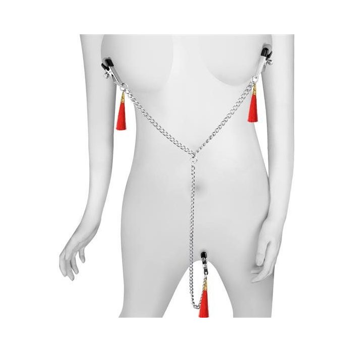 Зажимы на соски и клитор с игривыми красными кисточками Nipple Clit Tassel Clamp With Chain. Фотография 3.