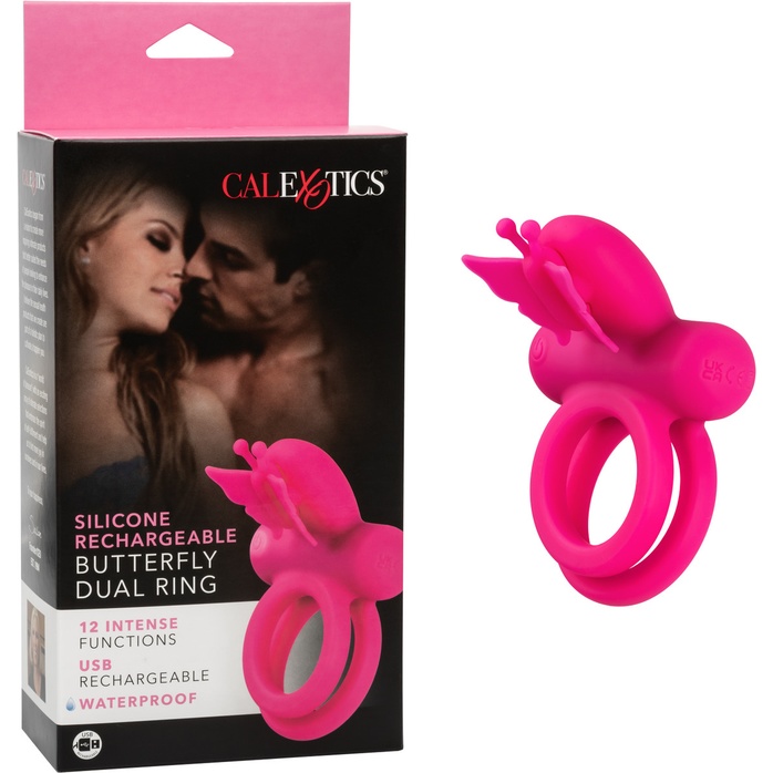 Розовое эрекционное виброкольцо Silicone Rechargeable Dual Butterfly Ring - Couples Enhancers. Фотография 2.