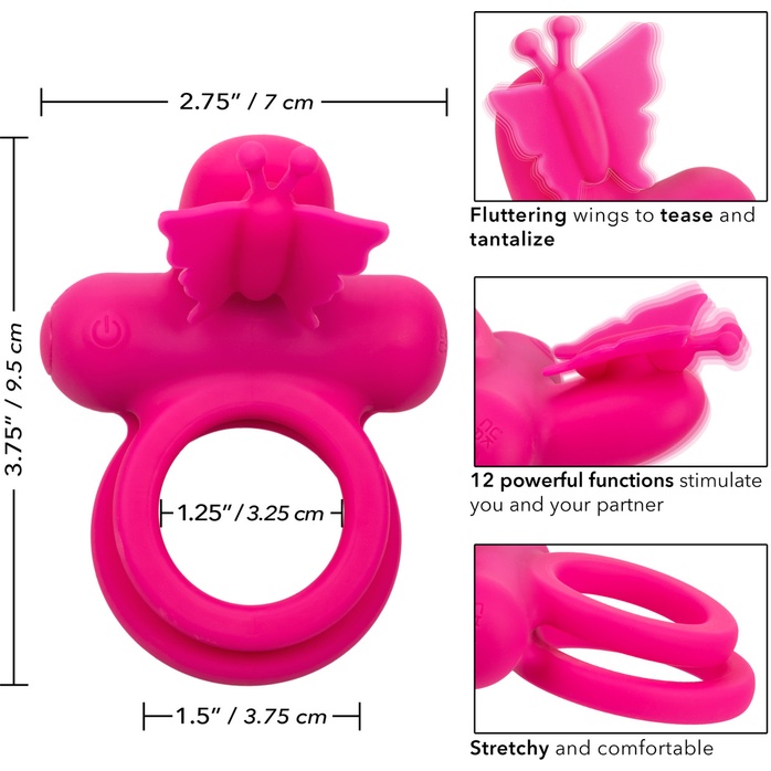 Розовое эрекционное виброкольцо Silicone Rechargeable Dual Butterfly Ring - Couples Enhancers. Фотография 4.