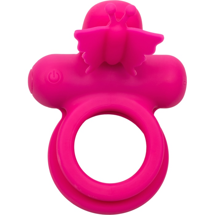 Розовое эрекционное виброкольцо Silicone Rechargeable Dual Butterfly Ring - Couples Enhancers. Фотография 5.