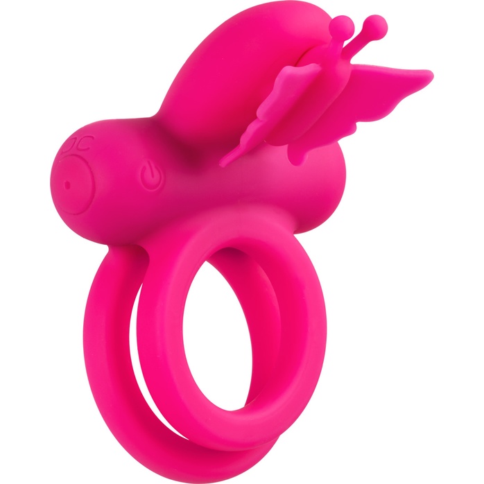 Розовое эрекционное виброкольцо Silicone Rechargeable Dual Butterfly Ring - Couples Enhancers. Фотография 7.