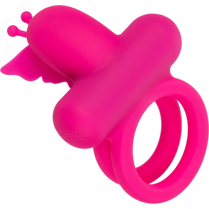Розовое эрекционное виброкольцо Silicone Rechargeable Dual Butterfly Ring - Couples Enhancers. Фотография 9.