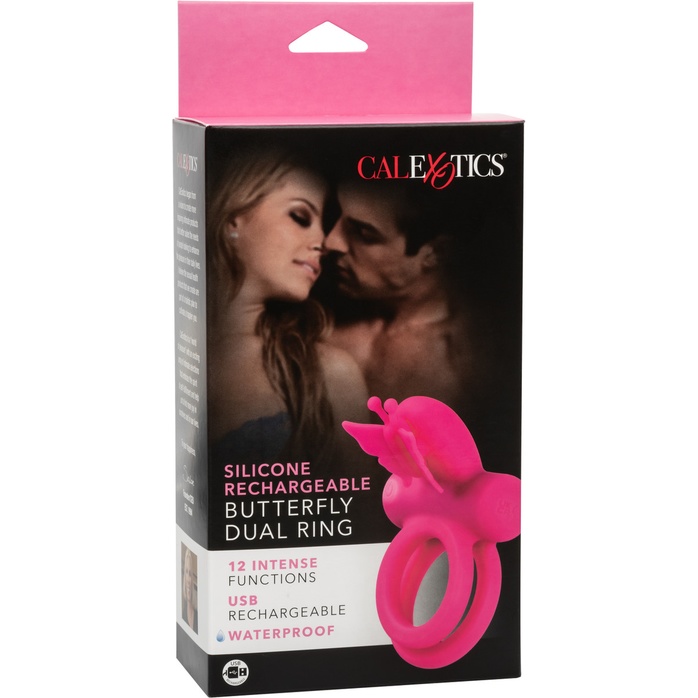 Розовое эрекционное виброкольцо Silicone Rechargeable Dual Butterfly Ring - Couples Enhancers. Фотография 10.