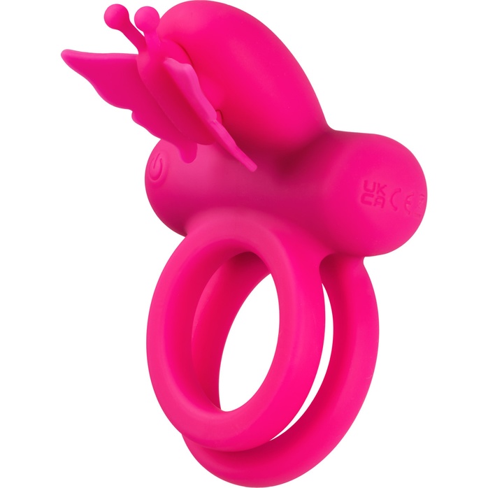 Розовое эрекционное виброкольцо Silicone Rechargeable Dual Butterfly Ring - Couples Enhancers