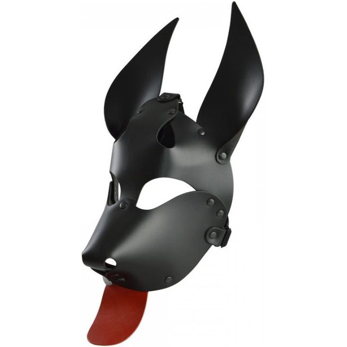 Черная кожаная маска Дог с красным языком - BDSM accessories