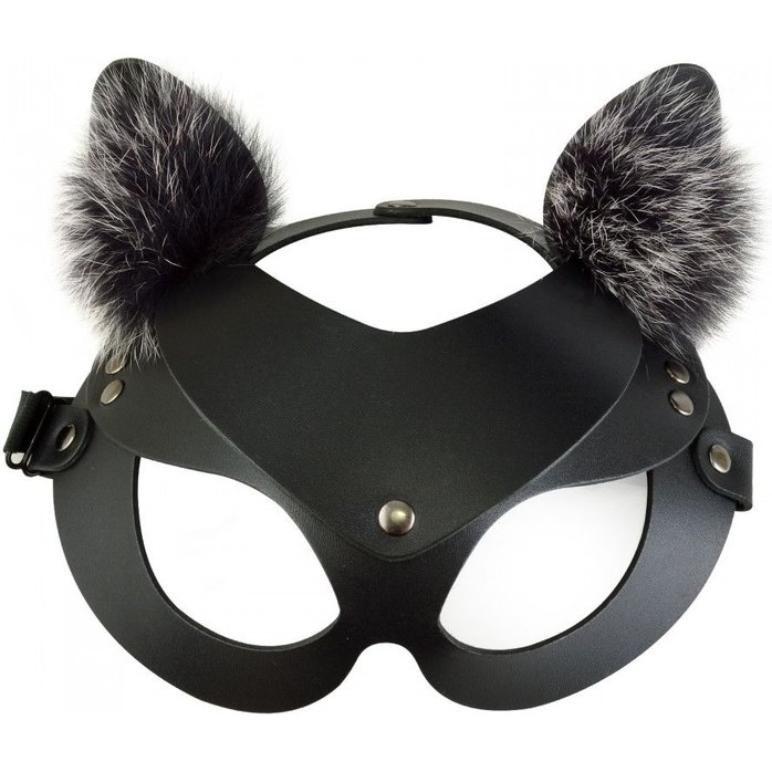 Черная кожаная маска Кошечка с мехом - BDSM accessories