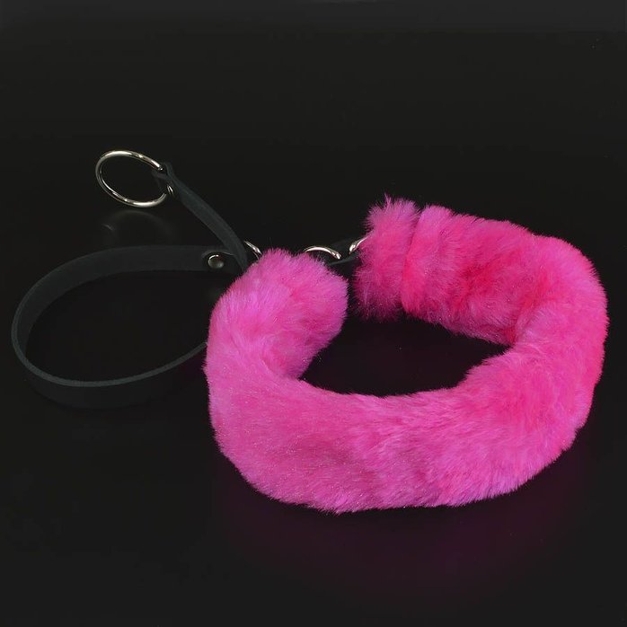 Ярко-розовый меховой ошейник с кожаным поводком - BDSM accessories