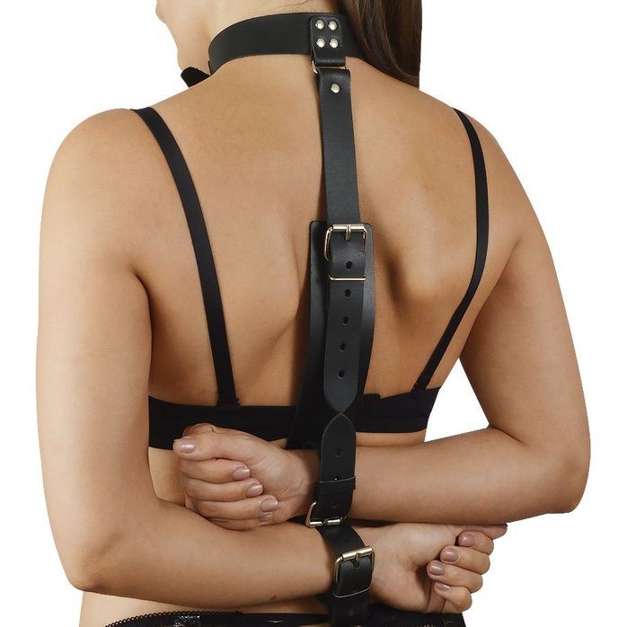 Черная кожаная фиксация рук за спиной Новичок - BDSM accessories
