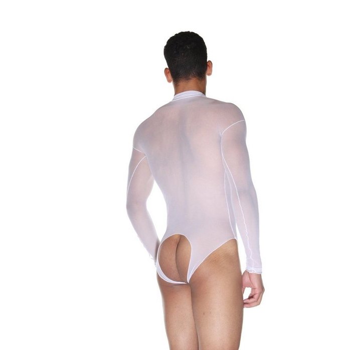 Белое полупрозрачное мужское боди с длинным рукавом. Фотография 3.