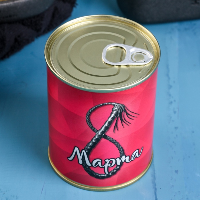 Набор в консервной банке «8 марта»: мыло-фаллос и мочалка - Мыльные штучки. Фотография 3.