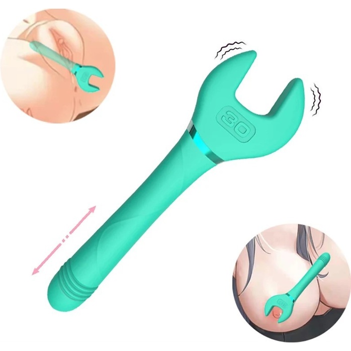 Зеленый двусторонний вибратор Key Control Massager Wand в форме гаечного ключа. Фотография 2.