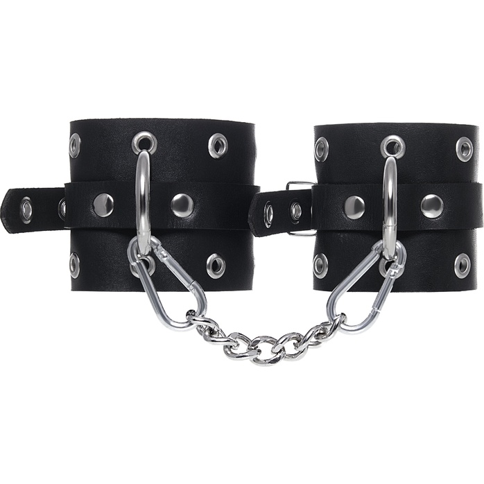 Черные кожаные однослойные наручники с люверсами. Фотография 3.