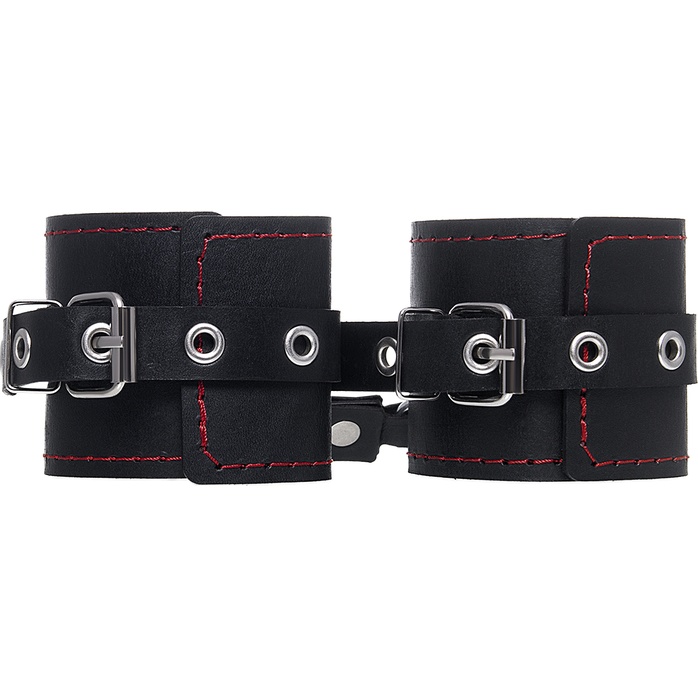 Черные кожаные однослойные наручники с контрастной строчкой. Фотография 4.