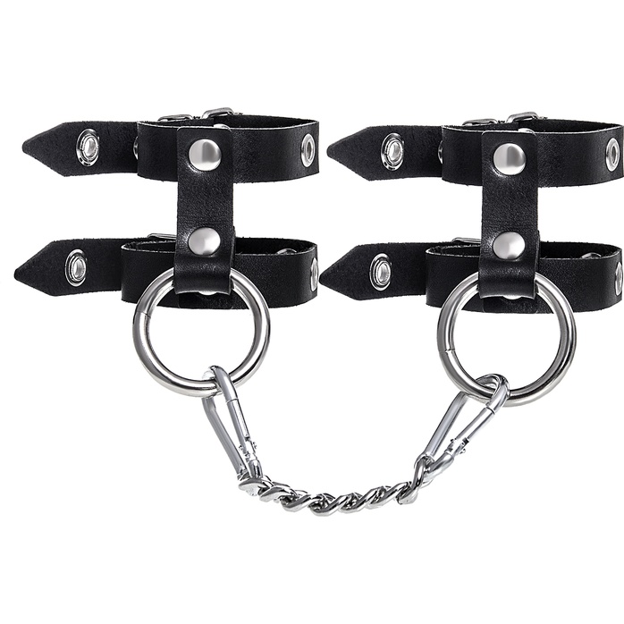 Черные однослойные кожаные наручники из двух ремешков. Фотография 3.