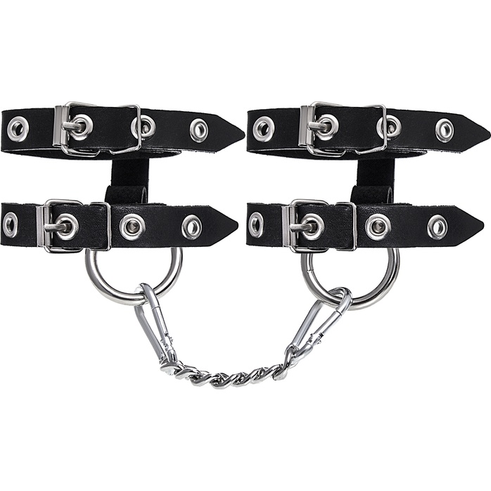 Черные однослойные кожаные наручники из двух ремешков. Фотография 4.