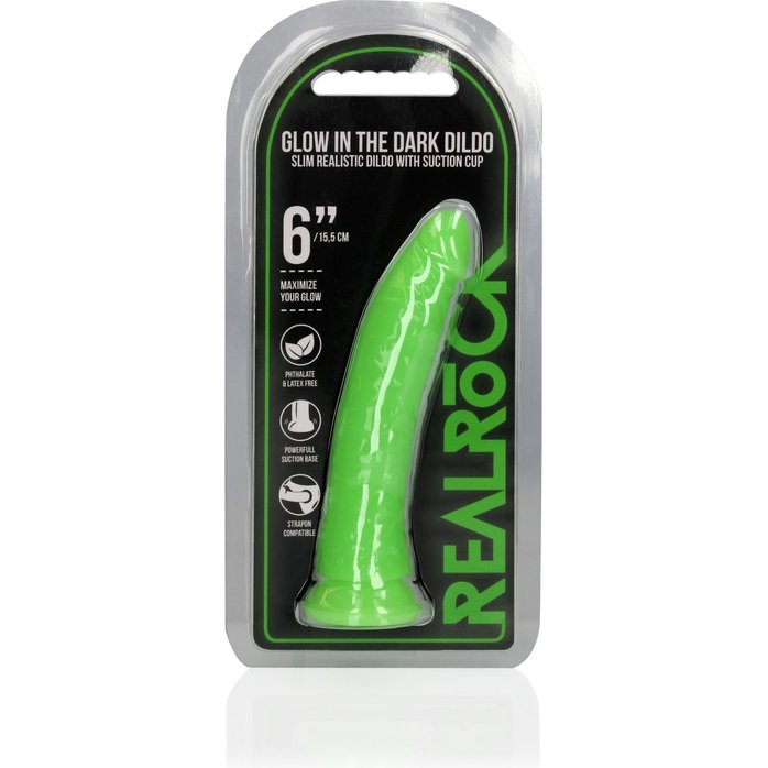 Зеленый люминесцентный фаллоимитатор на присоске - 17,5 см - RealRock. Фотография 3.