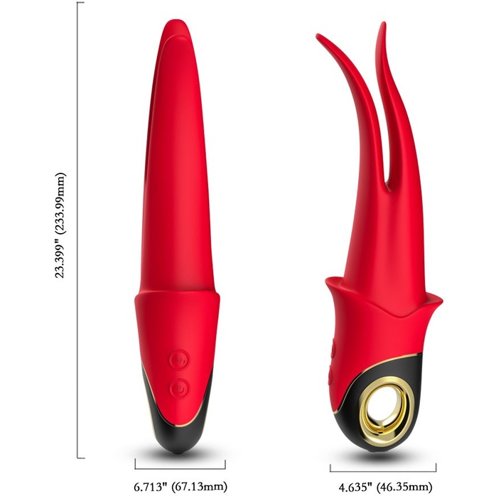 Красный стимулятор эрогенных зон с раздвоенным концом - 23,5 см. Фотография 9.