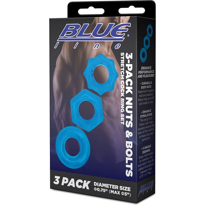 Комплект из трех голубых колец для эрекции 3-Pack Nuts Bolts Stretch Cock Ring Set. Фотография 4.