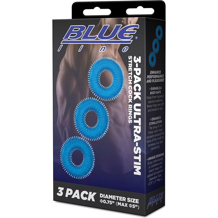 Комплект из трех голубых колец для эрекции 3-Pack Ultra-Stim Stretch Cock Rings. Фотография 5.