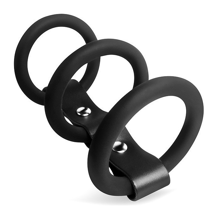Черное тройное эрекционное кольцо с ремешком - SEX EXPERT