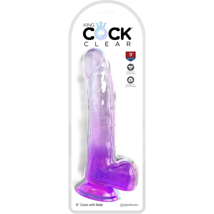 Фиолетовый фаллоимитатор с мошонкой на присоске 9’’ Cock with Balls - 24,8 см - King Cock Clear. Фотография 2.