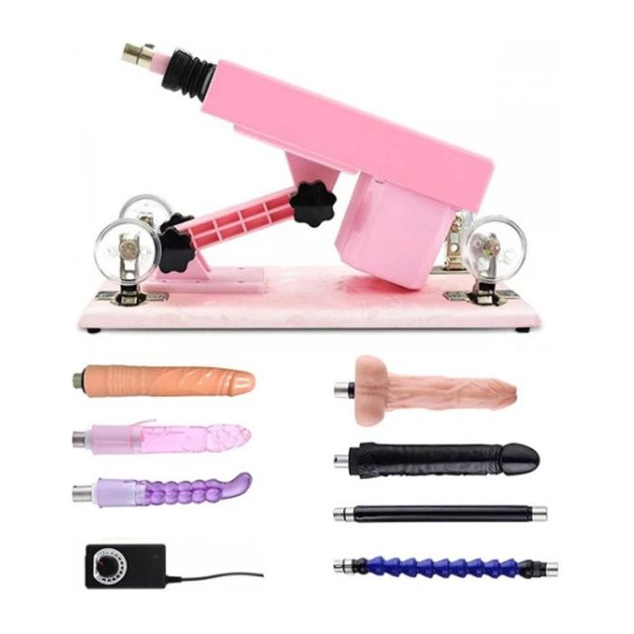 Розовая секс-машина с проводным пультом и 5 насадками. Фотография 2.