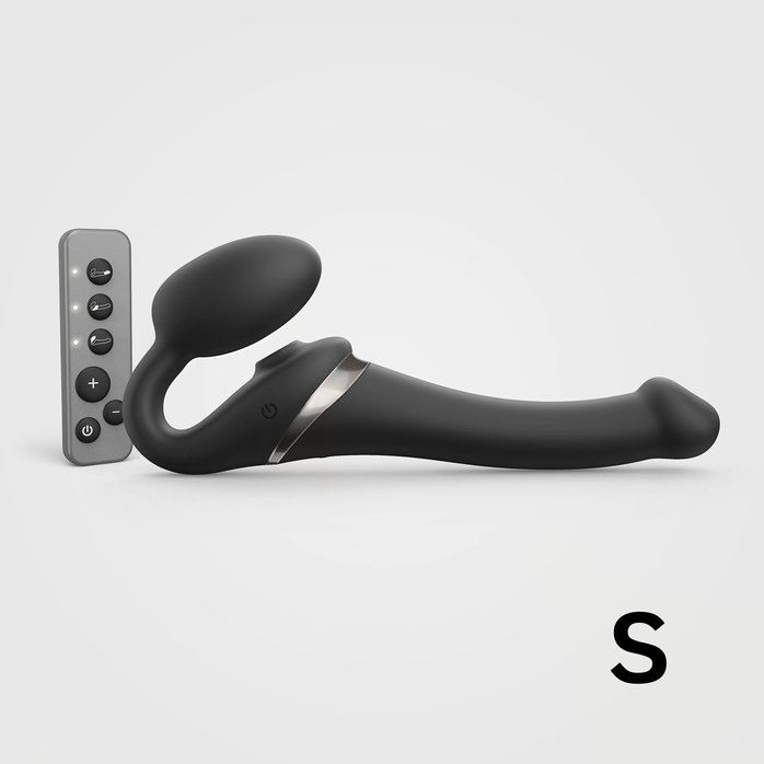 Черный безремневой страпон Multi Orgasm Size S с клиторальной стимуляцией. Фотография 2.