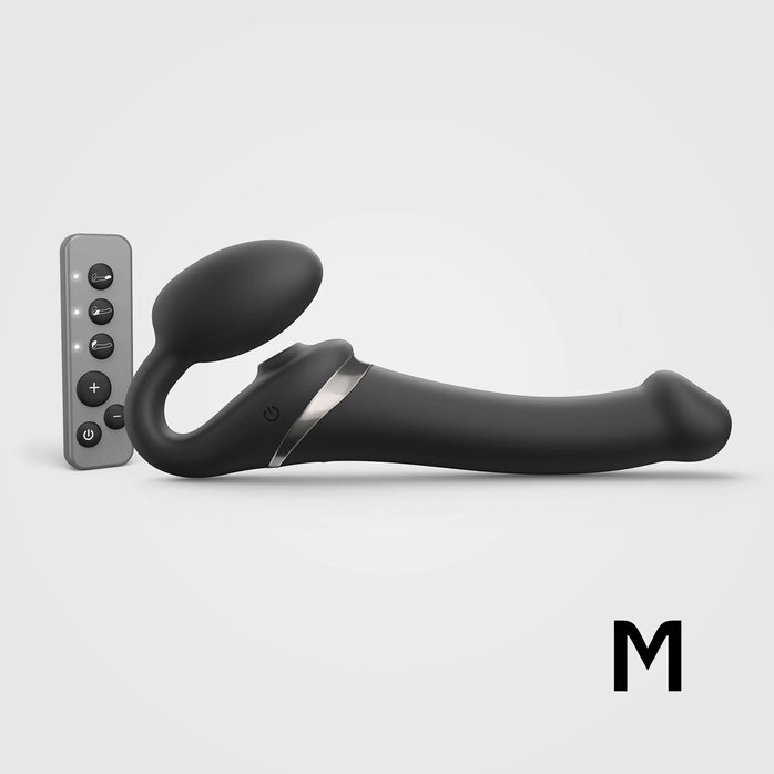 Черный безремневой страпон Multi Orgasm Size M с клиторальной стимуляцией. Фотография 2.