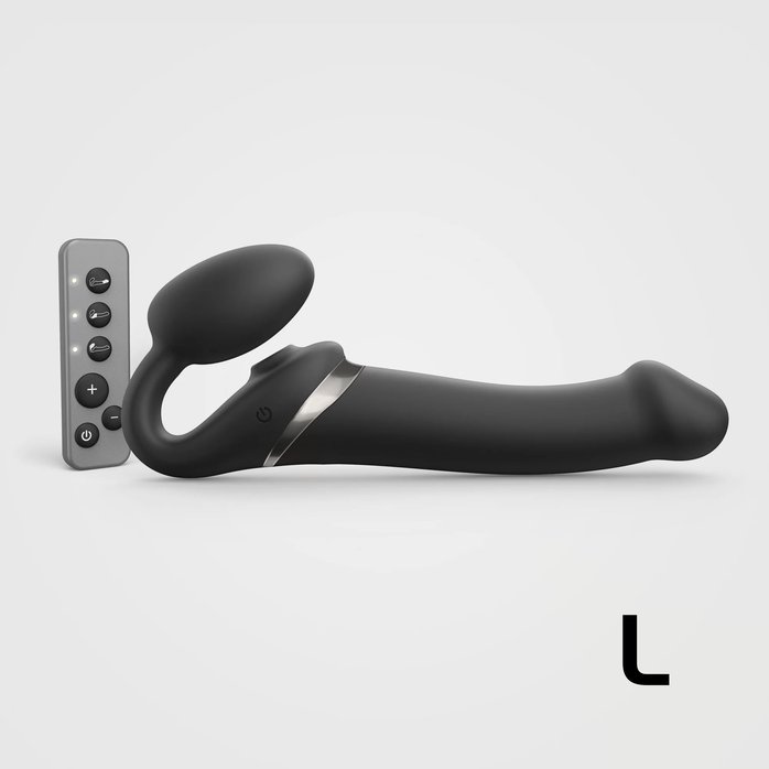 Черный безремневой страпон Multi Orgasm Size L с клиторальной стимуляцией. Фотография 2.