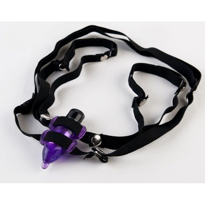 Фиолетовый вибростимулятор в форме мышки на регулируемых ремешках. Фотография 3.