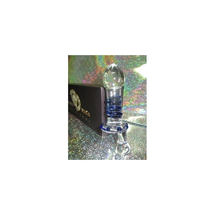 Стеклянная анальная пробка в виде соски с синей спиралью - 15 см. Фотография 2.